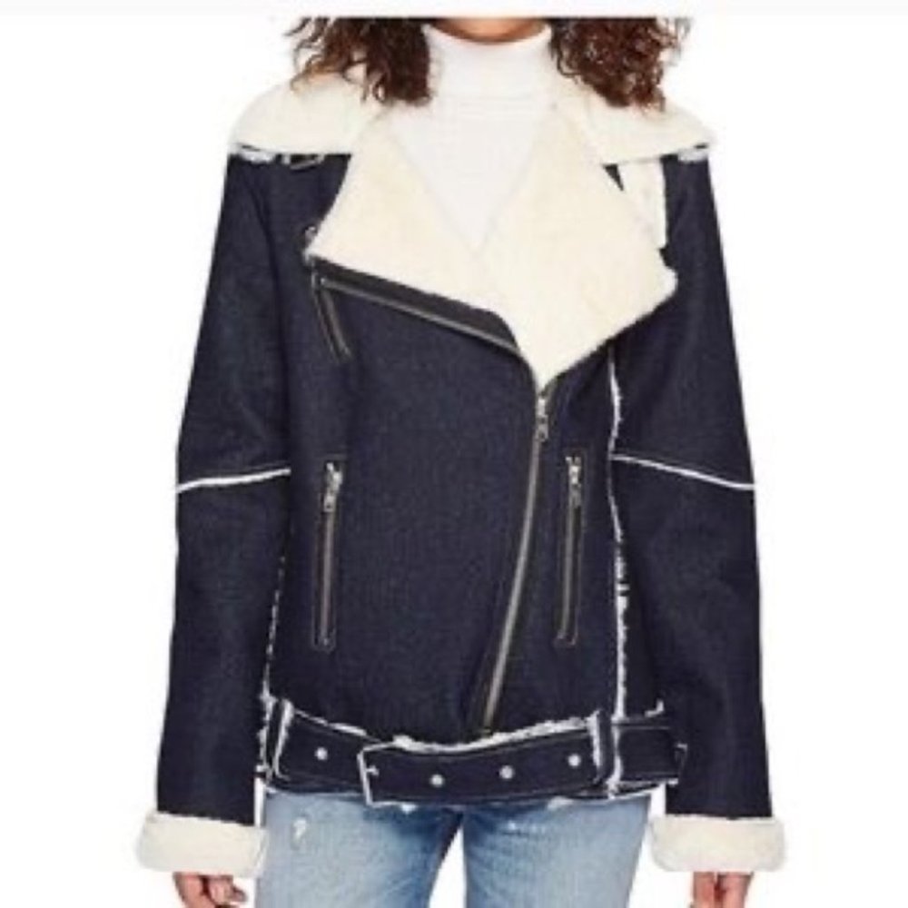 J.O.A. Denim and Sherpa Lined Belted Moto Jacket Size M